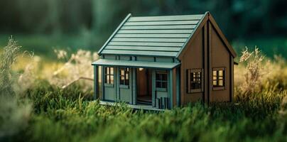 tranquillo verde di legno Casa nel alto erba foto