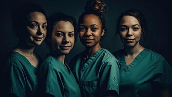 sorridente donne nel scrub un' travolgente chiaroscuro avvicinamento foto