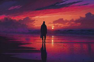 solitudine a tramonto un' figura in piedi su un' abbandonato spiaggia foto