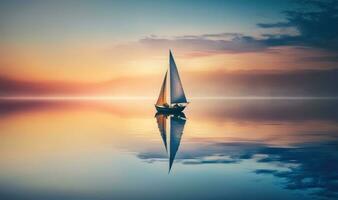 sognante tramonto andare in barca su calma lago sfondo per inviti e manifesti generativo ai foto