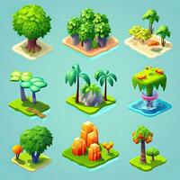 impostato di 9 carino piccolo tropicale isola icone per 3d gioco risorse foto