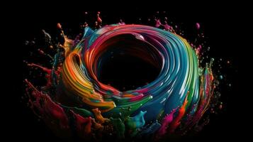 colorato liquido movimento flusso esplosione con dipingere gocce su nero sfondo foto