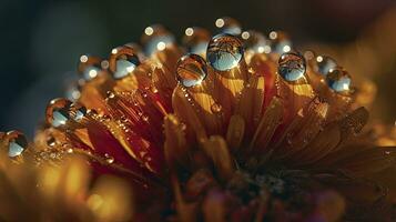 d'oro luce del sole su colorato giardino fiore con astratto macro fantasia rugiada gocce foto