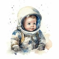 adorabile bambino astronauta nel acquerello su bianca sfondo per asilo arredamento generativo ai foto