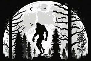 maestoso bigfoot nel un' foresta sotto un' illuminato dalla luna cielo foto