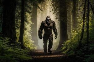 misterioso bigfoot nel il incantata foresta foto