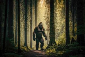 misterioso bigfoot nel il denso foresta foto