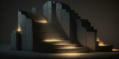 misterioso pietra le scale con astratto leggero passaggi nel il buio foto