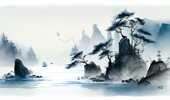 nebbioso blu costiero paesaggio nel tradizionale orientale inchiostro pittura stile foto