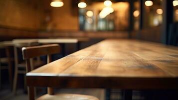 vuoto di legno tavolo nel un' sfocato bar o ristorante sfondo foto