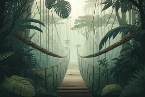 nebbioso giungla ponte un' sospeso corda ponte nel un' lussureggiante tropicale foresta pluviale foto