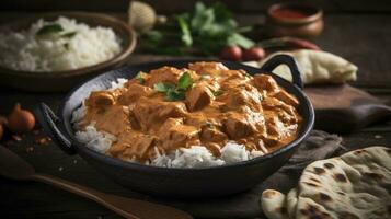 speziato pollo tikka masala curry con riso e naan pane su di legno sfondo Perfetto per indiano foto