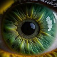 ipnotizzante avvicinamento di verde e nocciola occhio iris con lungo ciglia foto