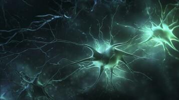 raggiante neurone cellule con interconnesso nodi nel blu e verde foto