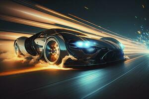 eccesso di velocità attraverso il notte futuristico auto con movimento sfocatura foto
