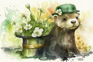 contento st patricks giorno lontra con pentola di oro e fiori acquerello arte foto