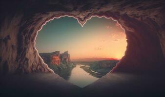 etereo a forma di cuore grotta su fiume e montagne a tramonto foto