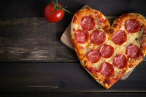 a forma di cuore peperoni Pizza su buio di legno sfondo per san valentino giorno foto