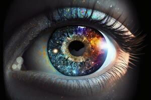 colorato iris occhio nel spazio con stelle un' sbalorditivo cosmico visione foto