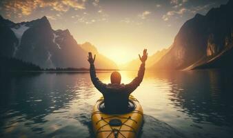 kayak nel unità con natura a d'oro tramonto foto