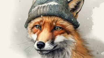 foxy inverno moda acquerello disegno di un' Volpe nel un' inverno cappello foto