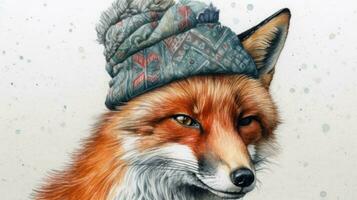 foxy inverno acquerello disegno di un' Volpe nel un' cappello foto