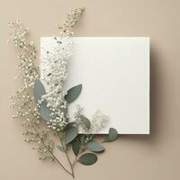 elegante invito carta con naturale eucalipto e gypsophila ramoscelli foto