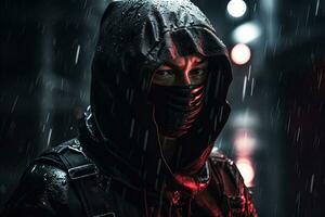 misterioso ninja guerriero nel il buio foto