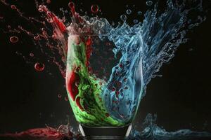 colorato liquido spruzzo nel bicchiere su fotorealistico sfondo foto