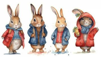 adorabile acquerello Peter coniglio personaggi nel rosso e blu giacche foto