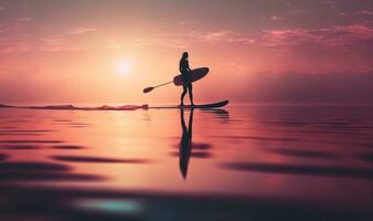 silhouette di un' femmina surfer paddling su calma acque a tramonto foto