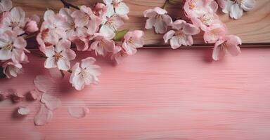 fioritura ciliegia fiori su rosa di legno tavolo per saluto carta foto