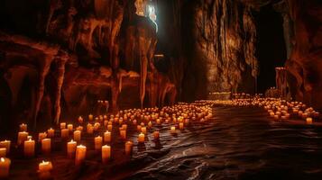 illuminato caverna con fuso candele e vivace colori foto