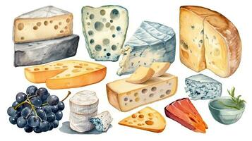 delizioso acquerello illustrazione di vario formaggi e latte prodotti foto