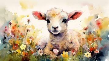 colorato fiore campo con carino agnello acquerello pittura per arte stampe e saluto carte foto