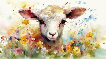 colorato fiore campo con carino agnello acquerello pittura per arte stampe e saluto carte foto