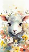 colorato fiore campo con carino agnello acquerello pittura per arte stampe e saluto carte foto