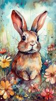 amabile coniglietto nel un' colorato fiore campo acquerello pittura foto