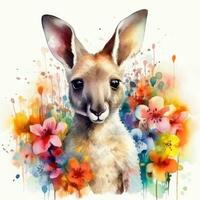 colorato acquerello pittura di un' dolce bambino canguro nel un' fiore campo foto