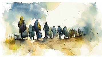 sagome di rifugiati a piedi su il strada nel blu e giallo acquerello foto