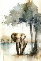 elefante nel acquerello stile roaming nel naturale safari paesaggio con alberi nel sfondo foto
