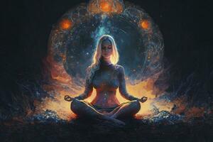 Meditare donna collegamento con il universo nel loto posa foto