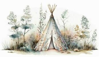 boho teepee decorato con pastello acquerello modello ai generato foto