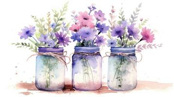 traboccante gruppi di viola fiori selvatici nel tre muratore barattoli ai generato foto