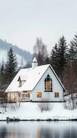 scandinavo villa con coperto di neve tetto e croccante bianca esterno generativo ai foto