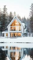 scandinavo villa con coperto di neve tetto e croccante bianca esterno generativo ai foto