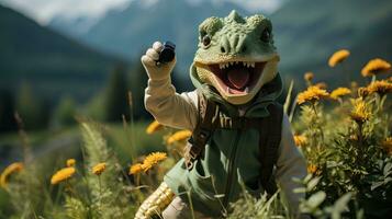 adorabile bambino indossare dinosauro costume ruggente a telecamera ai generato foto