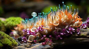 vivace nudibranch strisciando su corallo nel Indonesia ai generato foto