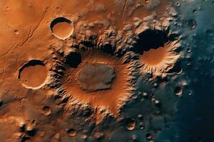 cinematico Visualizza di Marte terreno con multiplo crateri altamente dettagliato tiro generativo ai foto