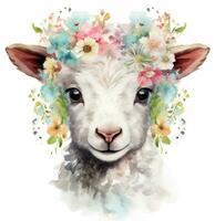 adorabile agnello nel fiore ghirlanda acquerello illustrazione ai generato foto